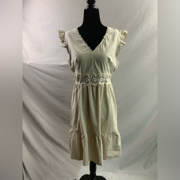 Beige Guipure Lace Insert Ruffle Hem Dress - Picture 7 of 7